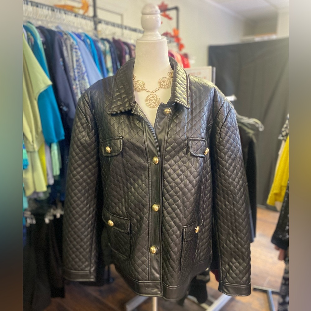 G by Giuliana Black Quilted Leather Jacket with Gold Buttons